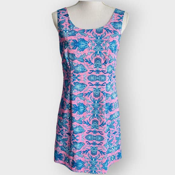 Kaeli Smith Annie Dress Mirror Fish Print Pink Blue Sleeveless Scoop Neck Size 8 - Picture 1 of 9